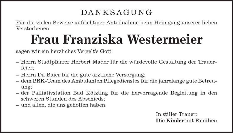 Traueranzeige Franziska Westermeier