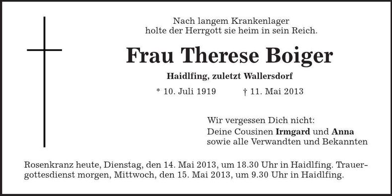 Traueranzeige Therese Boiger