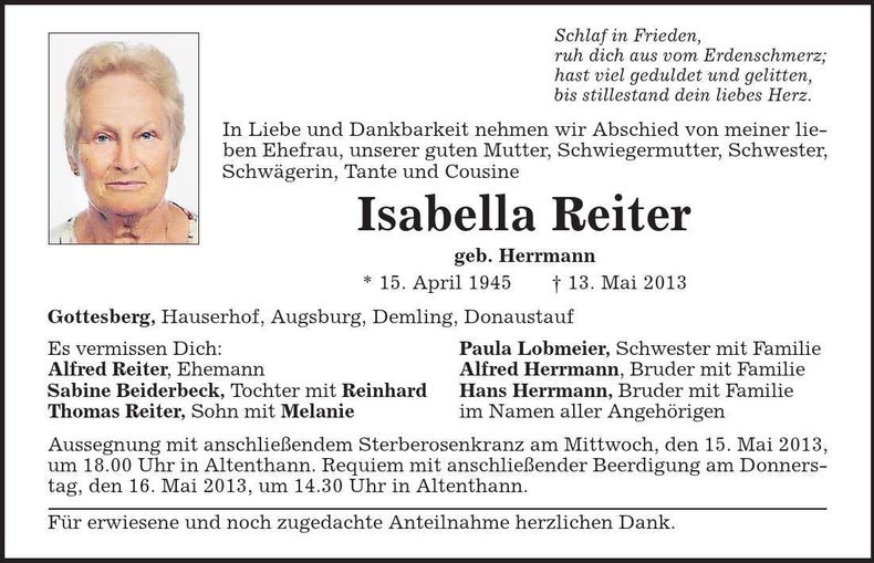 Traueranzeige Isabella Reiter