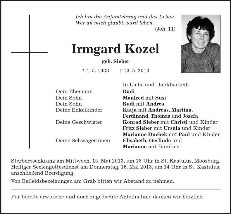 Traueranzeige Irmgard Kozel