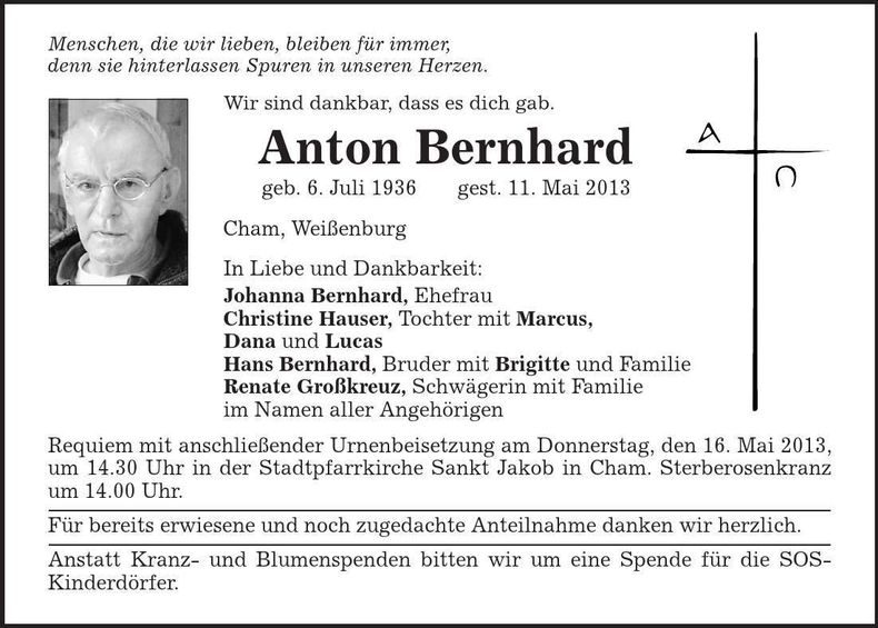 Traueranzeige Anton Bernhard