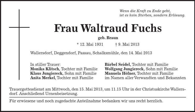 Traueranzeige Waltraud Fuchs