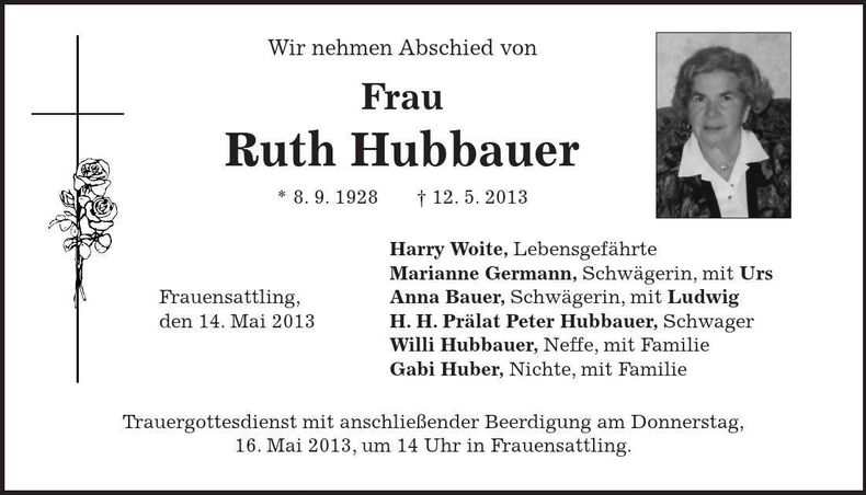 Traueranzeige Ruth Hubbauer