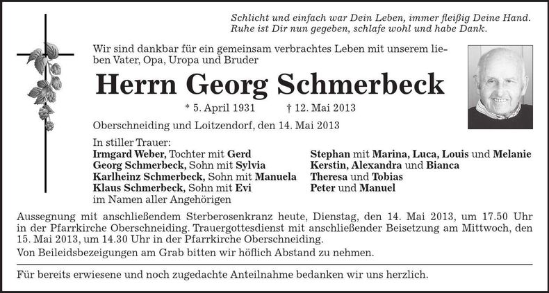 Traueranzeige Georg Schmerbeck