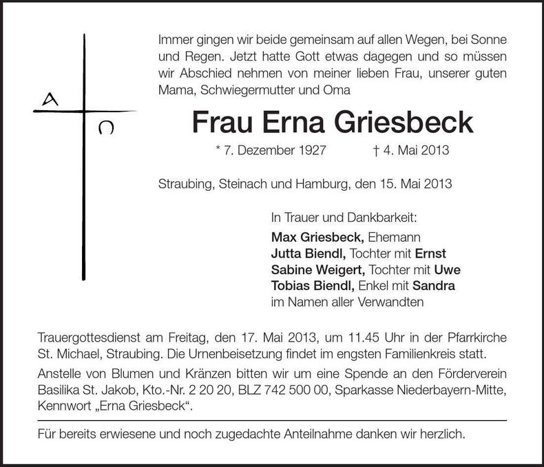 Traueranzeige Erna Griesbeck