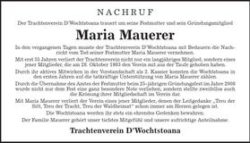 Traueranzeige Maria Mauerer