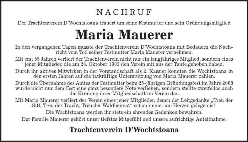 Traueranzeige Maria Mauerer