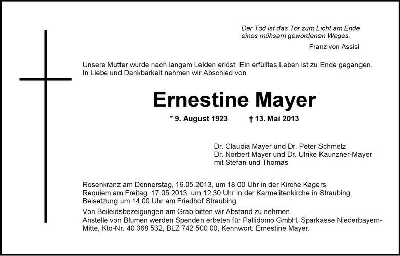 Traueranzeige Ernestine Mayer