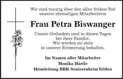 Traueranzeige Petra Biswanger