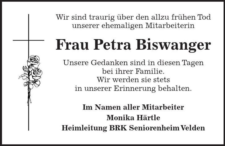Traueranzeige Petra Biswanger