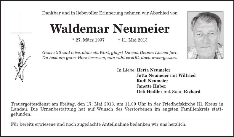 Traueranzeige Waldemar Neumeier
