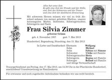 Traueranzeige Silvia Zimmer