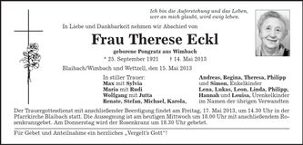 Traueranzeige Therese Eckl