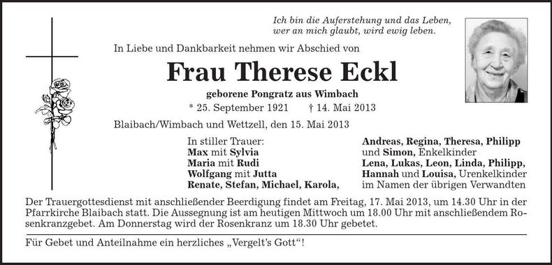 Traueranzeige Therese Eckl
