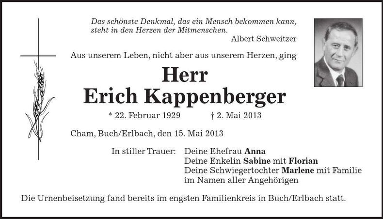 Traueranzeige Erich Kappenberger