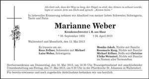 Traueranzeige Marianne Weber
