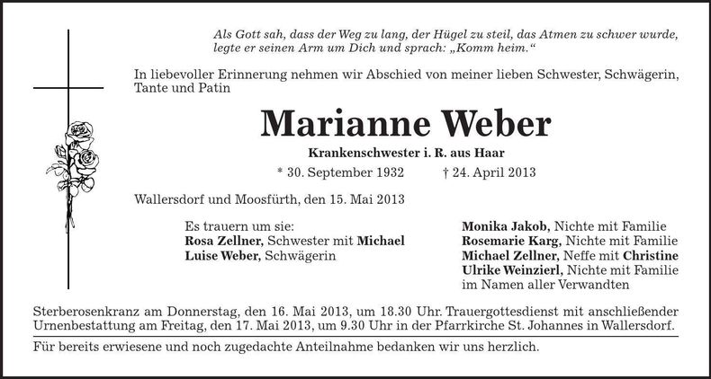 Traueranzeige Marianne Weber