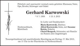 Traueranzeige Gerhard Karwowski