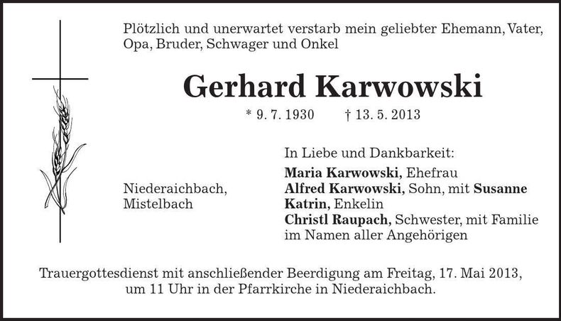 Traueranzeige Gerhard Karwowski