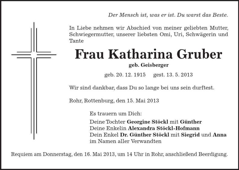 Traueranzeige Katharina Gruber