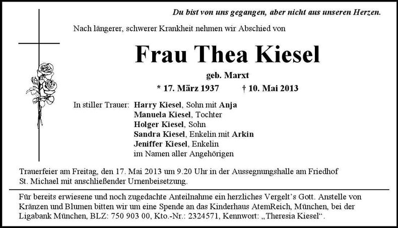 Traueranzeige Thea Kiesel