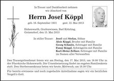 Traueranzeige Josef Köppl