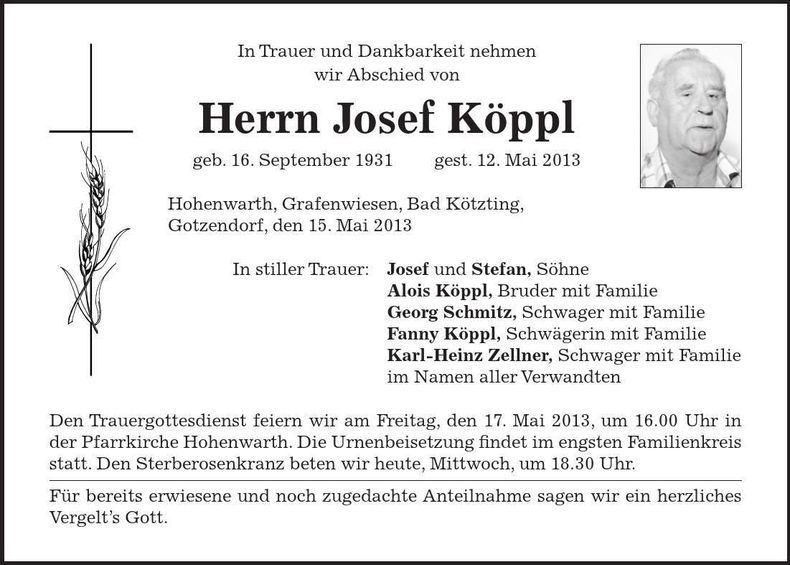 Traueranzeige Josef Köppl