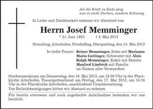 Traueranzeige Josef Memminger