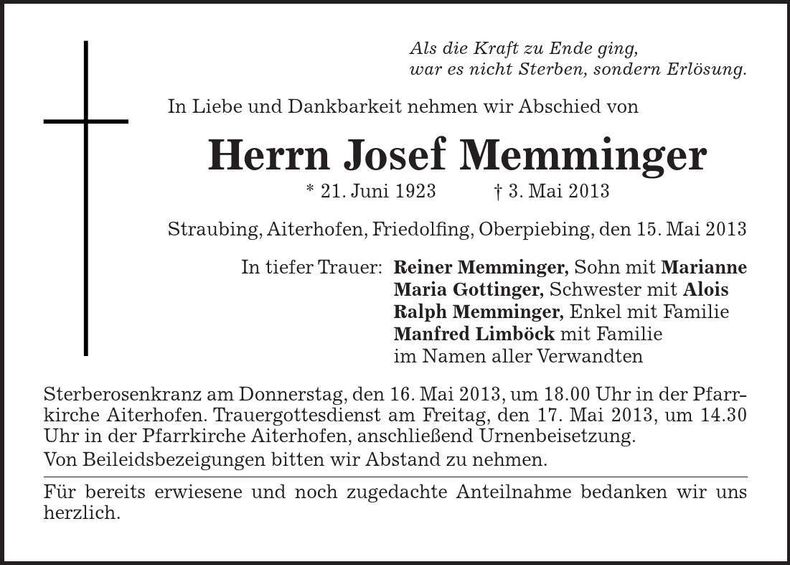 Traueranzeige Josef Memminger