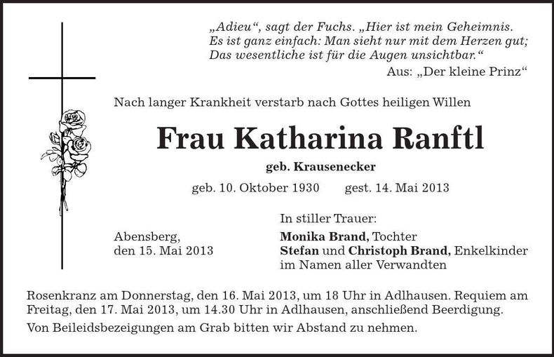 Traueranzeige Katharina Ranftl