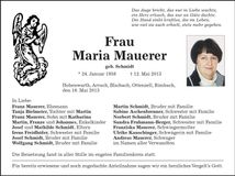 Traueranzeige Maria Mauerer