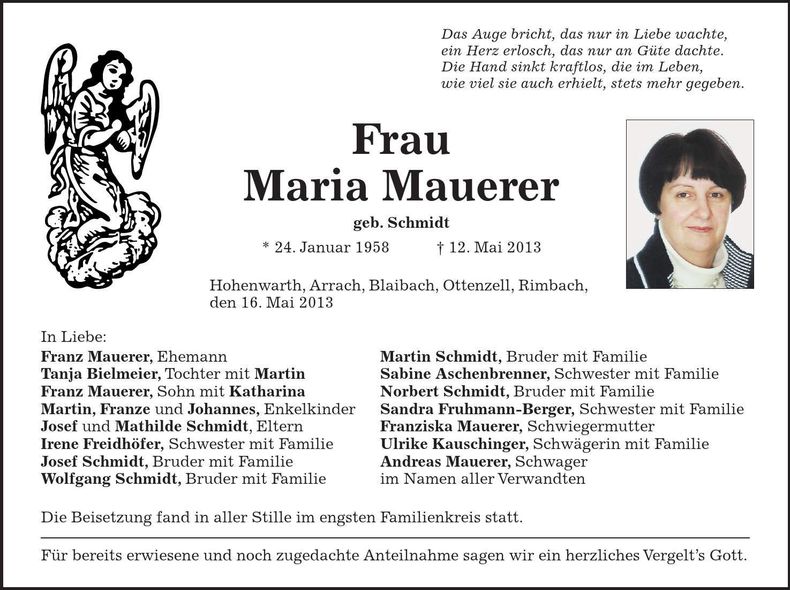 Traueranzeige Maria Mauerer