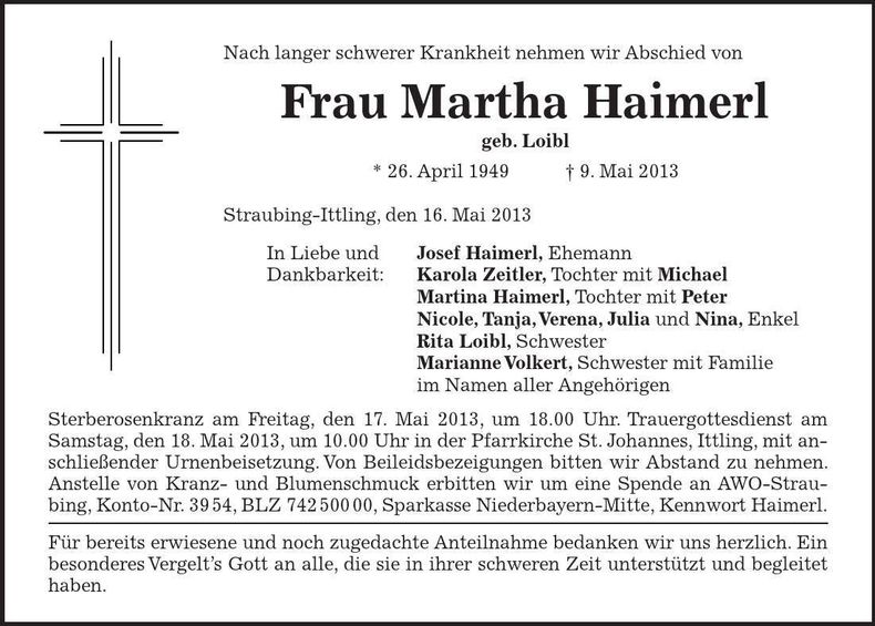 Traueranzeige Martha Haimerl