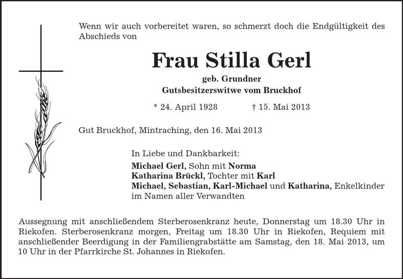Traueranzeige Stilla Gerl