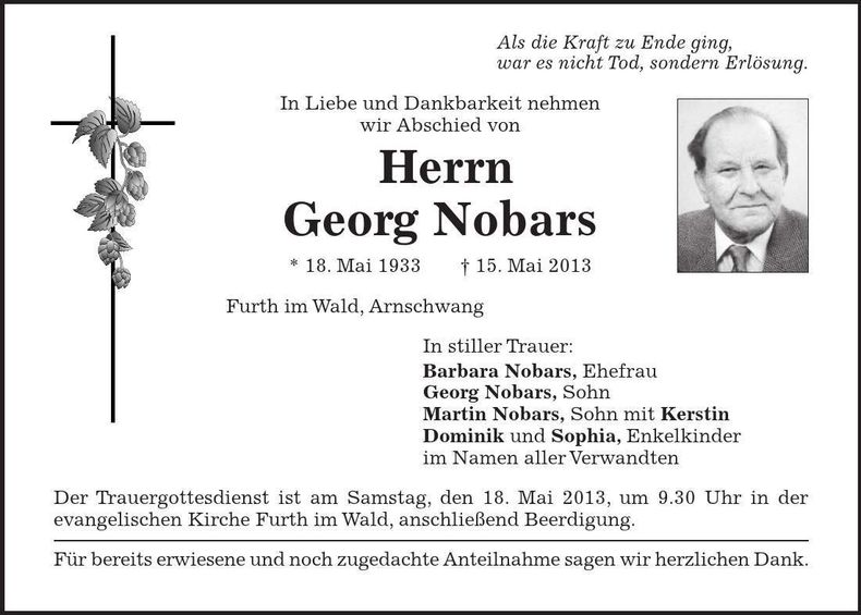 Traueranzeige Georg Nobars