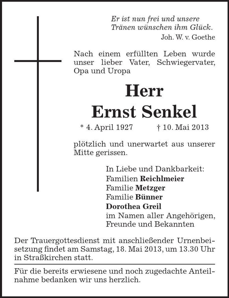 Traueranzeige Ernst Senkel