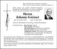 Traueranzeige Johann Greiner