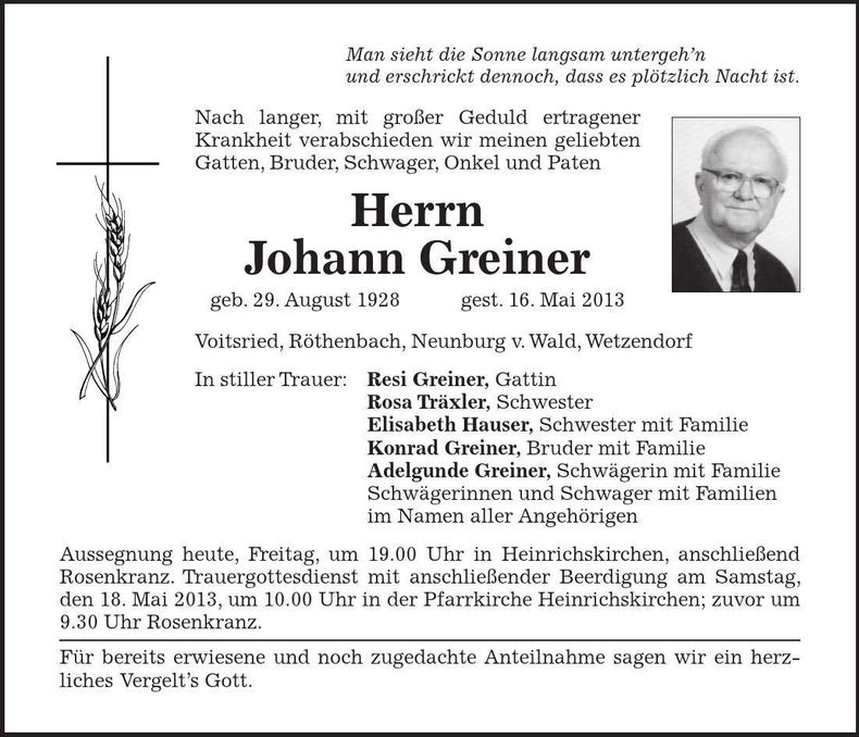 Traueranzeige Johann Greiner