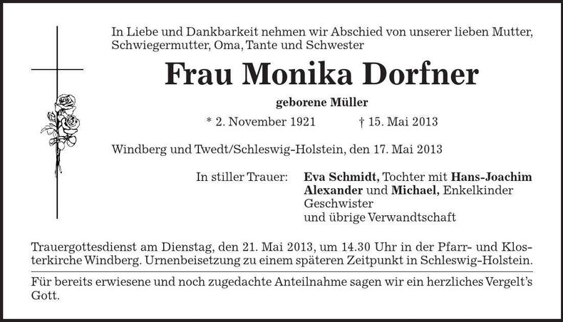Traueranzeige Monika Dorfner