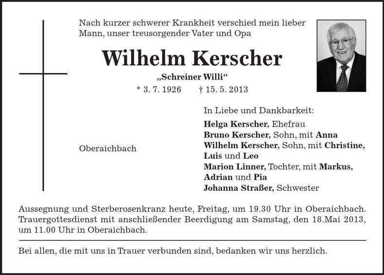 Traueranzeige Wilhelm Kerscher