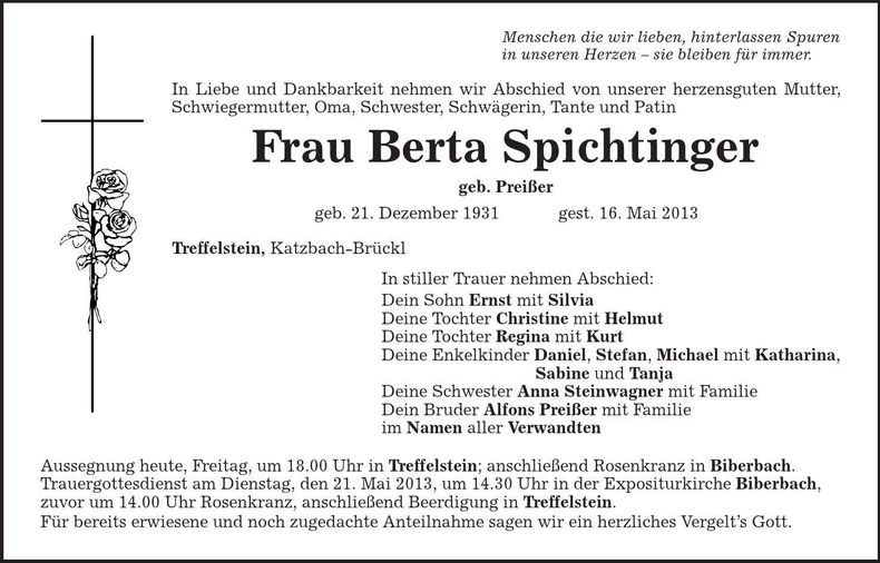 Traueranzeige Berta Spichtinger