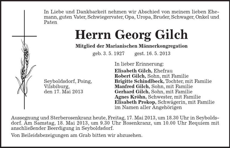 Traueranzeige Georg Gilch