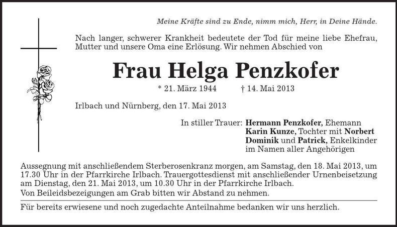 Traueranzeige Helga Penzkofer