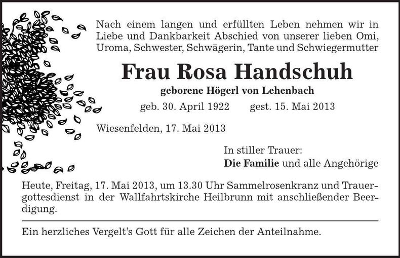 Traueranzeige Rosa Handschuh