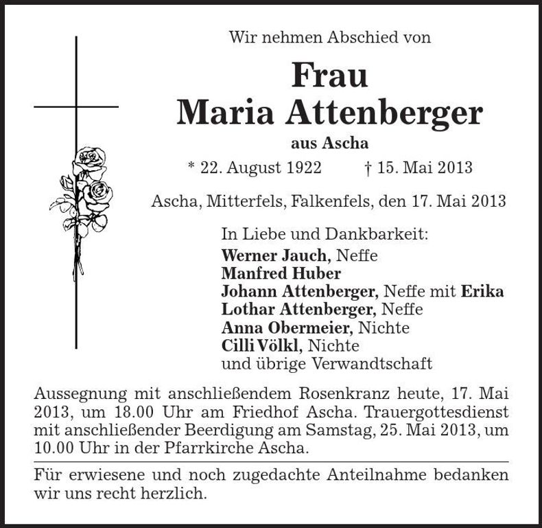 Traueranzeige Maria Attenberger