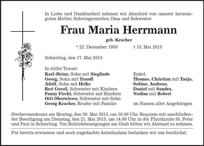 Traueranzeige Maria Herrmann