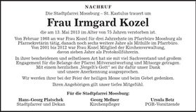 Traueranzeige Irmgard Kozel