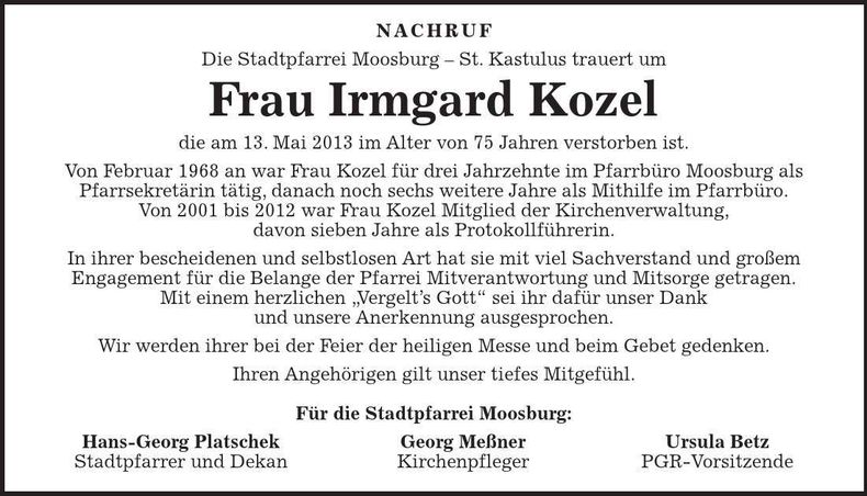 Traueranzeige Irmgard Kozel