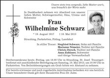 Traueranzeige Wilhelmine Schwarz
