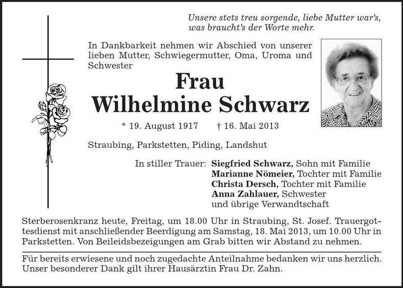 Traueranzeige Wilhelmine Schwarz